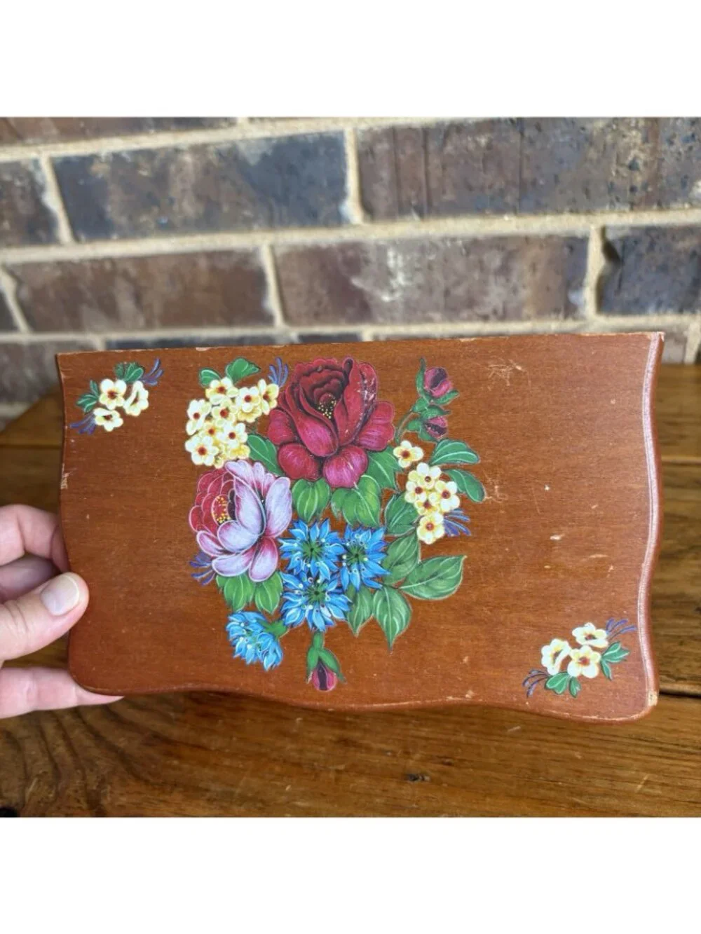 Vintage Small  Wooden Jewelry Box With Drawer Floral Decoupage Rub-on Transfer